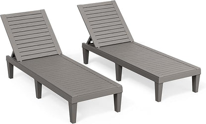 Outdoor Chaise Lounge Chairs Set of 2, 5-Position Adjustable Tanning Lounge Chairs with Wood Texture, All-Weather Resin Patio Lounge Chair for Pool, Garden, Deck, Beach, Striped Grey