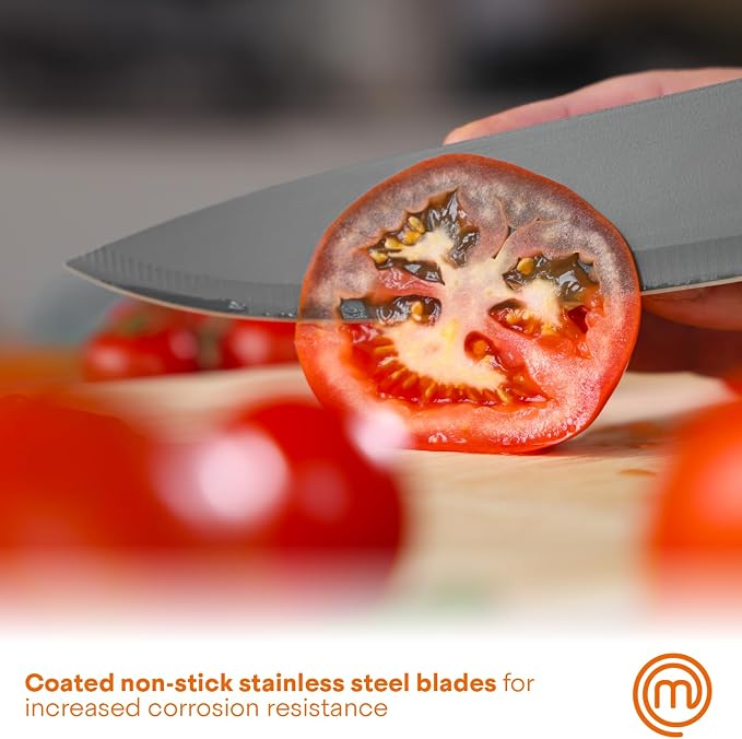MasterChef Knife Set with Block, 7pc Kitchen Knives Set with Holder, Grey | Knife Block Set with Sharp Stainless Steel Blades for Precise Cutting with Non Stick Coating & Soft Touch Easy Grip Handles
