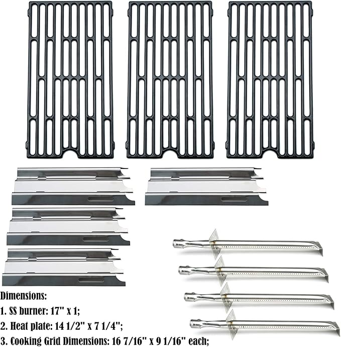 Parts Kit DG207 Replacement for select Vermont Castings grills, 17" Burner 4pcs, 14 1/2" x 7 1/4" Heat Plates 4pcs, set of 3 Cooking Grill Grids, 16 7/16" x 9 1/16" each grid