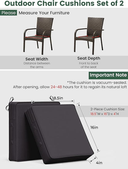 Outdoor Chair Cushion 18.5 x 16 x 4 Inches Patio Furniture Outdoor Waterproof Seat Cushion, Patio Chair Cushion with Handles and Ties, Square Dining Chair Cushion Set of 2, Grey