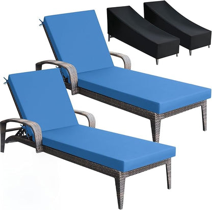 Patelai 2 Set Outdoor Chaise Lounge Cushions with Chair Covers, 70 x 21 x 3 Inch Waterproof Sun and Fade Resistant Thick Replacement Lounge Chair Cushions with Pockets for Patio Poolside (Blue)
