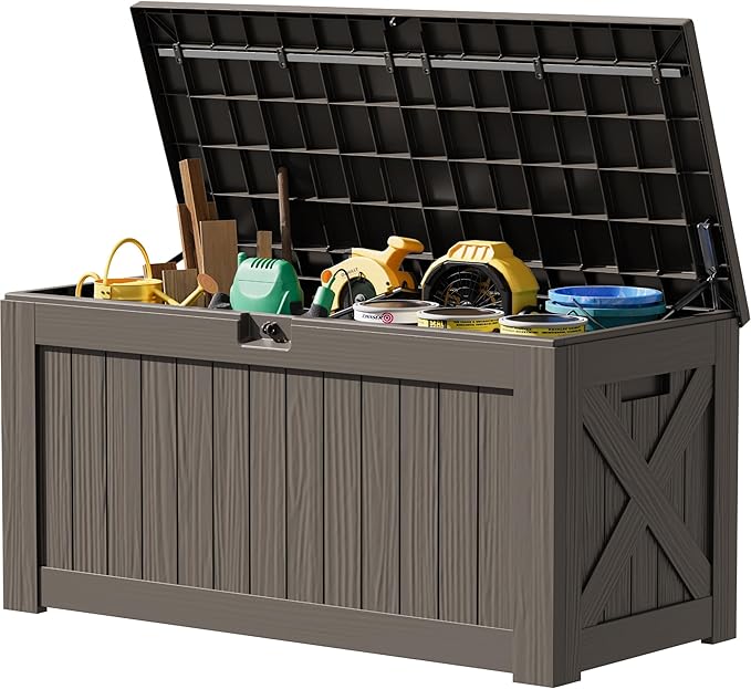 JUMMICO 120 Gallon Resin Deck Box, Large Outdoor Storage Box Waterproof & Lockable for Garden, Patio, Pools (Deep Brown)