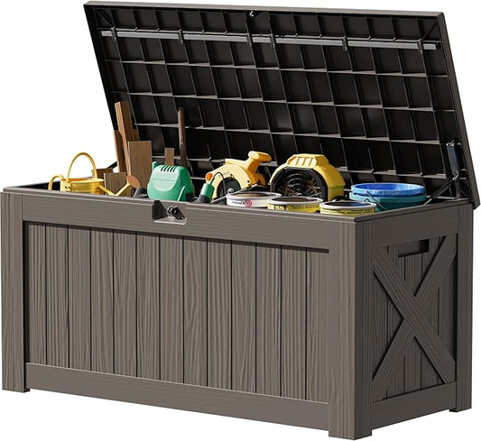 JUMMICO 120 Gallon Resin Deck Box, Large Outdoor Storage Box Waterproof & Lockable for Garden, Patio, Pools (Deep Brown)