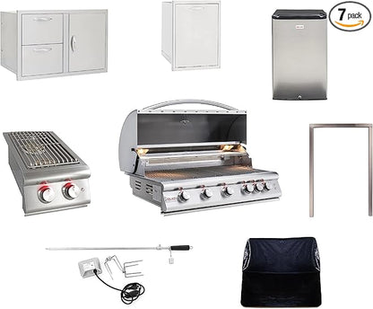 BLAZE BBQ Outdoor Gas Grill Package of 40” LTE Built-in Gas Grill, LTE Built-In Double Side Burner, 32” Door & Two Drawers Combo, Double Trash Drawer, 20” Compact Refrigerator, and Accessories