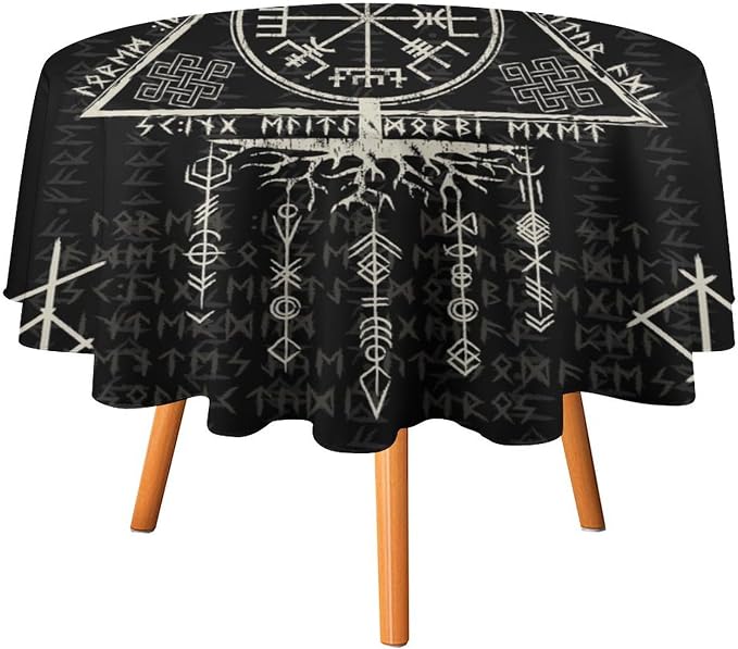 Vintage Viking Pattern Round Tablecloth, Gothic Helm of Terror Scandinavian Viking Seasonal Table Cloth Waterproof Wipeable Table Cover for Picnic Holiday Party Kitchen Dining 50"