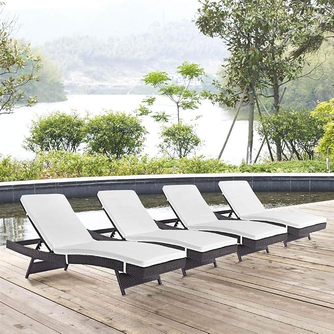 Modway Convene Wicker Rattan Outdoor Patio Chaise Lounge Chairs in Espresso White - Set of 4