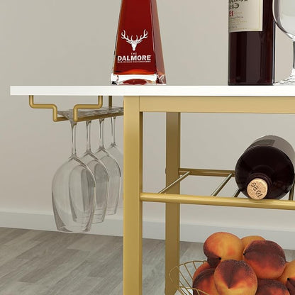LAATOOREE Bar Cart, Mobile Home Bar Serving Cart, 4 Tier, Gold | Rolling Drink Beverage Cart with Storage Shelf, Wine and Glass Holder, for Dinning Room Living Room Kitchen