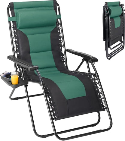 NEWBULIG Padded Zero Gravity Chair, Folding Lounge Chair Outdoor, Green | Foldable Beach Camping Recliner Chair with Adjustable Pillow and Trays for Poolside Lawn Patio