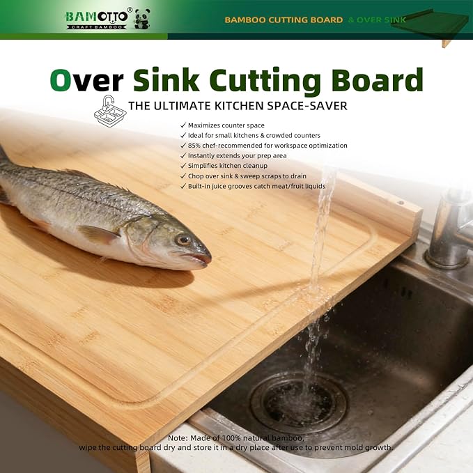 BAMOTTO CRAFTBAMBOO 24x18 Inch Extra Large Bamboo Cutting Board with Detachable Front Lip & Backsplash - Reversible Over The Sink Board, Pasta Maker, Pastry & Carving Board for Home Kitchen