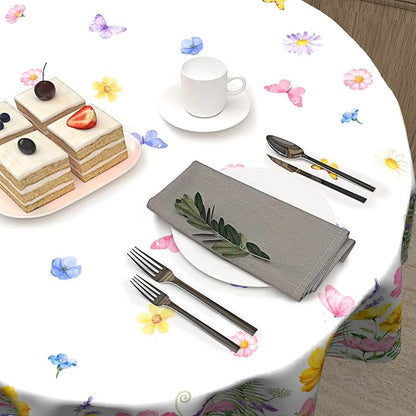 Sweetshow Spring Summer Colorful Floral Table Cloth Round Yellow Pink Purple Wildflowers Butterflies Tablecloth 70 Inch Decor Washable Stain and Wrinkle Spring Round Table Cover for Dining Picnic