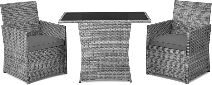 DORTALA Wicker Outdoor Bistro Set 3 Piece, Patio Furniture Set for Small Space with Table & Dining Chairs, Rattan Conversation Sofa Set for Balcony, Porch, Backyard, Deck, Grey