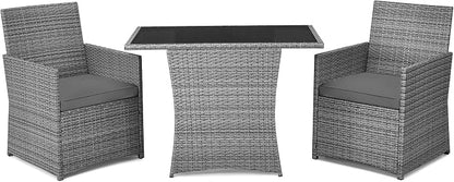 DORTALA Wicker Outdoor Bistro Set 3 Piece, Patio Furniture Set for Small Space with Table & Dining Chairs, Rattan Conversation Sofa Set for Balcony, Porch, Backyard, Deck, Grey