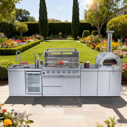 128-Inch 120000- BTU Stainless Steel Propane Gas BBQ Grill Modular Outdoor Kitchen Island,485Sq.In Cooking Area,Pizza oven,Wine Cooler,Refrigerator,Rotisserie,Storage Cabinets & Drawers,Silver