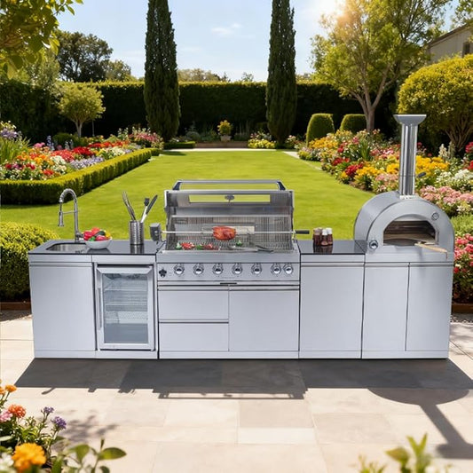 128-Inch 120000- BTU Stainless Steel Propane Gas BBQ Grill Modular Outdoor Kitchen Island,485Sq.In Cooking Area,Pizza oven,Wine Cooler,Refrigerator,Rotisserie,Storage Cabinets & Drawers,Silver