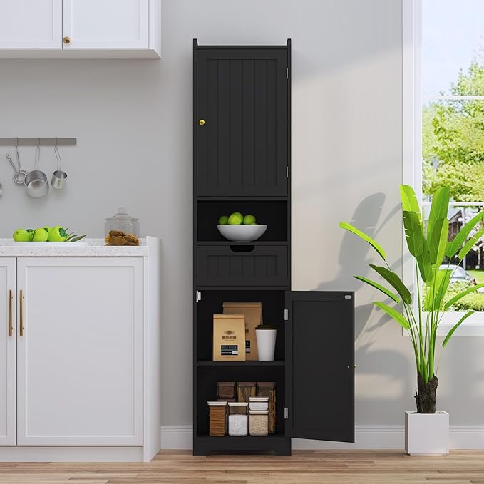TidyHaven 67" H Tall Bathroom Storage Cabinet, Slim Narrow Organizer with Adjustable Shelves, 2 Doors & 1 Drawer, Freestanding Floor Cabinet for Bathroom, Kitchen, Living Room (Black)