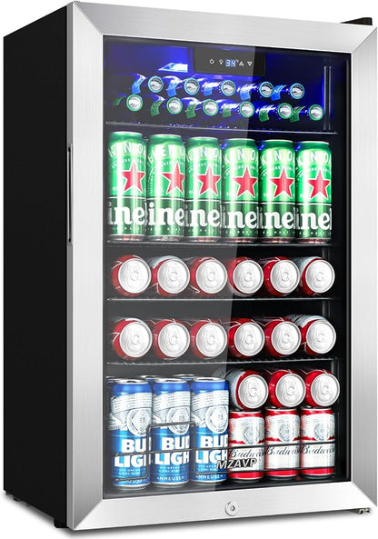 20 Inch Beverage Refrigerator Cooler, 145 Cans Mini Fridge with Glass Door&Lock, Small Drink Cooler Freestanding/Counter-Top for Soda, Beer with LED Light for Home Bar Office - 3.4 Cu.Ft, Silver