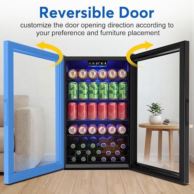 FoMup Beverage Refrigerator 150 Can with Glass Door – Mini Drink Cooler with Reversible Door, Safety Lock & Temperature Control, Small Fridge for Beer Soda Wine, Compact for Dorm Office Hotel