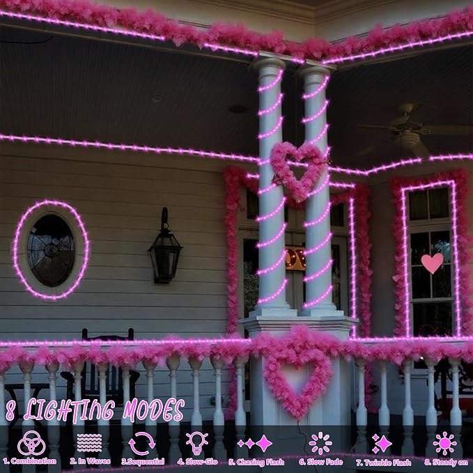 YEGUO Solar Rope Lights Outdoor Waterproof, 66ft 200 LED Pink String Lights, 8 Modes Fairy Lights in Clear Thin Tube
