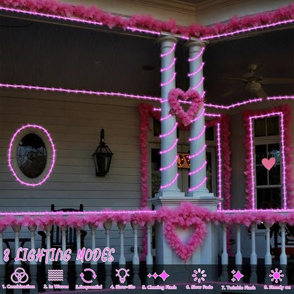 YEGUO Solar Rope Lights Outdoor Waterproof, 66ft 200 LED Pink String Lights, 8 Modes Fairy Lights in Clear Thin Tube