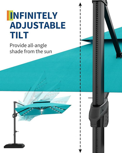 GarveeLife 10 ft x 10 ft Heavy Duty Cantilever Patio Umbrella with Solar LED Lights & Weighted Base, 2-Tier Square Aluminum Offset Umbrella with 360-Degree Rotation for Backyard, Deck, Pool, Turquoise