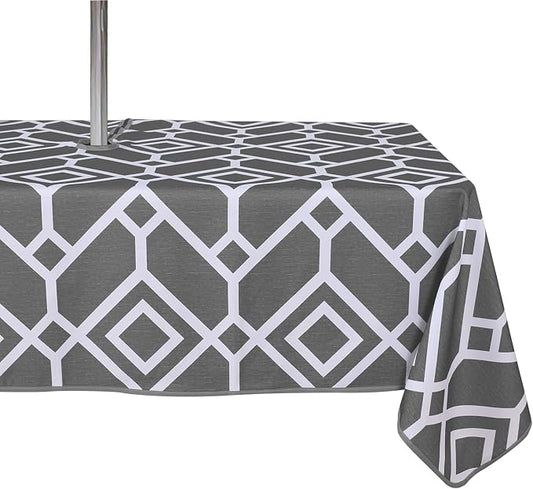LUSHVIDA Moroccan Outdoor Tablecloth with Umbrella Hole and Zipper, 60 x 102 Inch Grey, Rectangle Waterproof Wrinkle Free Table Cloth Decorative Fabric Washable Table Cover for Patio, Party, Picnic