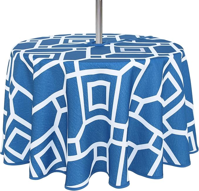 LUSHVIDA Moroccan Outdoor Round Tablecloth with Umbrella Hole and Zipper, 60 Inch Blue, Waterproof Wrinkle Free Table Cloth Decorative Fabric Washable Table Cover for Patio, Party, Picnic