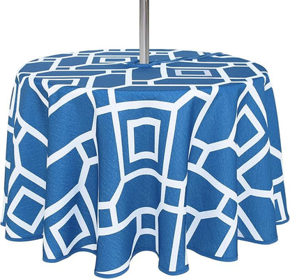LUSHVIDA Moroccan Outdoor Round Tablecloth with Umbrella Hole and Zipper, 60 Inch Blue, Waterproof Wrinkle Free Table Cloth Decorative Fabric Washable Table Cover for Patio, Party, Picnic