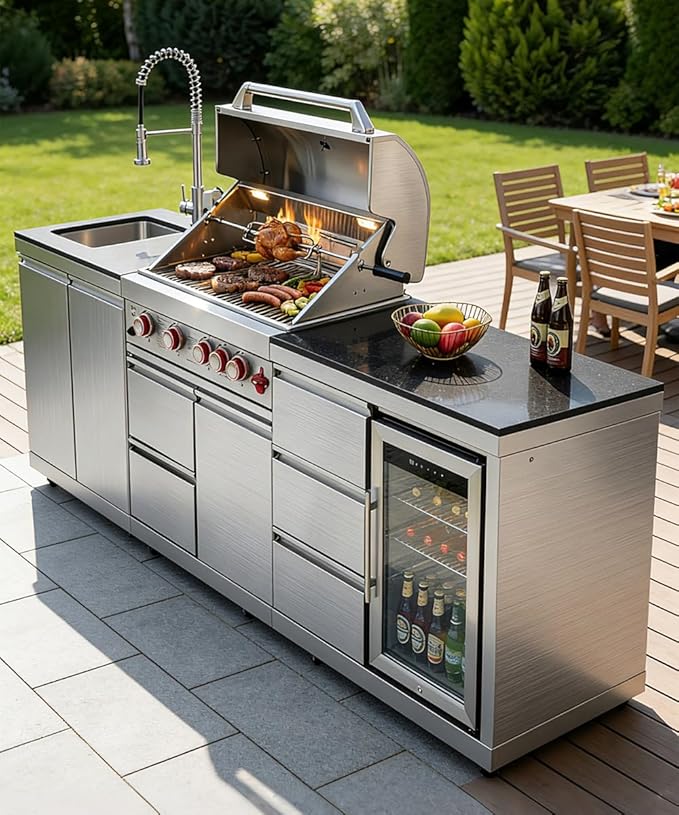 BBQ Outdoor Kitchen Island Grill Barbecue Modular Patio Kitchens Kits with Electric Rotisserie, Sink, fridge, and Burner for More than 10 People