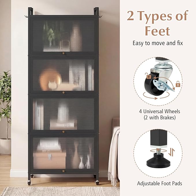 Giantex 5-Tier Kitchen Storage Cabinet, Mobile Microwave Stand with Flip-up PC Doors, Freestanding Kitchen Bakers Rack with 4 Rolling Casters, for Dining Room, Living Room and Study, Black