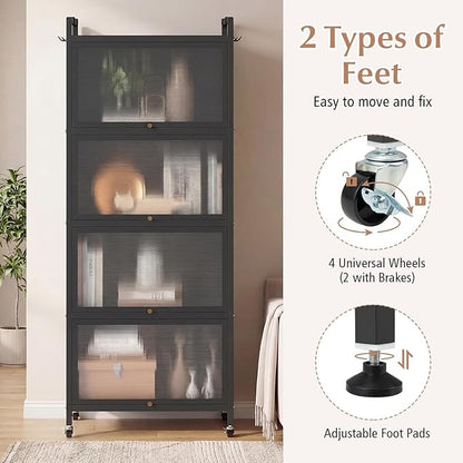 Giantex 5-Tier Kitchen Storage Cabinet, Mobile Microwave Stand with Flip-up PC Doors, Freestanding Kitchen Bakers Rack with 4 Rolling Casters, for Dining Room, Living Room and Study, Black
