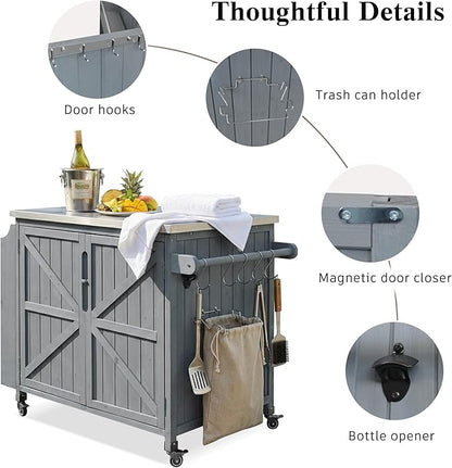 42.1-Inch Mobile Prep Station with Stainless Steel Countertop, Outdoor Grill Cart cart with Adjustable Shelf, Storage Cabinet and Side Shelf for Backyard BBQ & Pizza