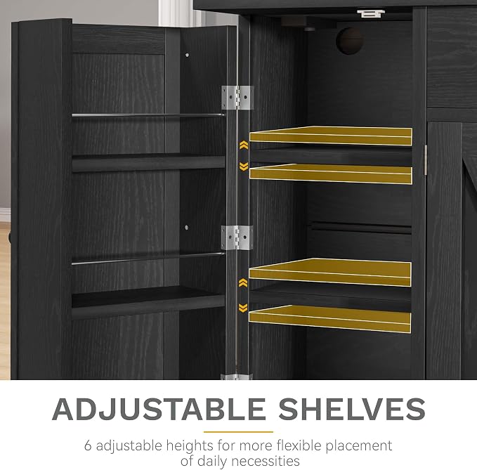 DWVO 71''H Pantry Cabinet with Drawer, Doors, Goblet Holder, Wine Rack for Storage, Pantry Cabinet with Power Outlet for Kitchen & Living Room (Black Oak) | Tall Cabinet with Doors, Shelves & Drawer, Buffet Cabinet with Goblet Holder and Wine Rack for ...