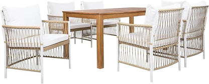 Merax 7 Piece Patio Dining Set, Outdoor Acacia Wood Rectangular Dinning Table with Sturdy Legs and 6 Rattan Arm Chairs w/Cousions & Pillows for Backyard,Balcony, Garden, Poolside, Natural