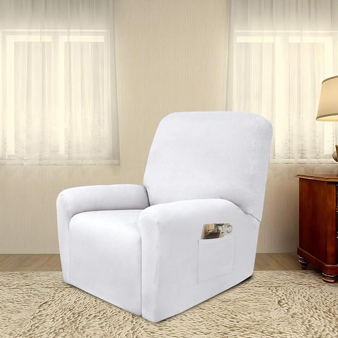 PureFit Stretc Recliner Chair Covers Fleece Soft Couch Covers for Sofa | White 4-Pieces Recliner Slipcover Pocket Couch Protector, Fleece Sofa Cover Washable with Non Slip Elastic Bottom