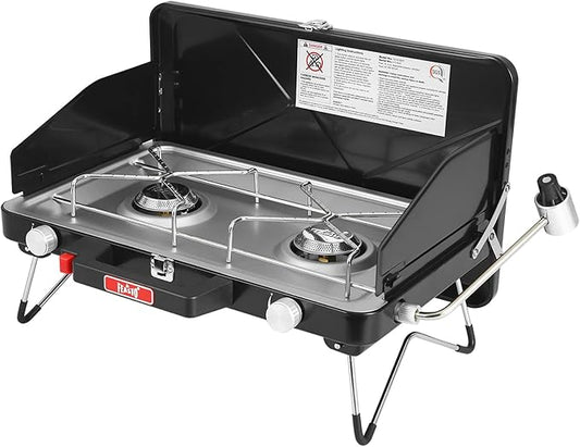 Feasto 2 Burner Propane Camping Stove with Folding Legs, Outdoor Portable Camp Stove with Push-Button Ignition & Wind Guards for Camping, Tailgating, BBQ, & More, Black