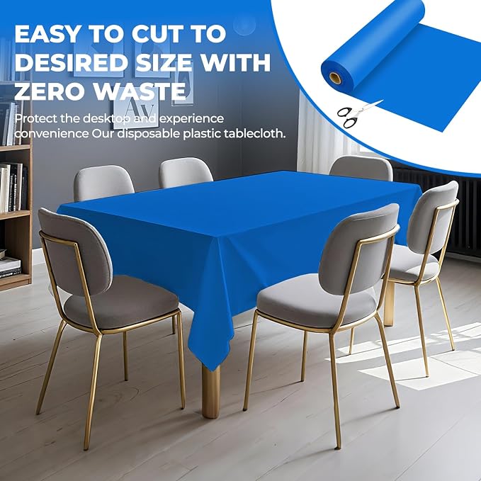 54 Inch X 100 Feet Plastic Table Cover Roll Premium Disposable Plastic Tablecloth for All Type/Shape Tables | Picnic, Party, Banquet, Birthdays, Weddings (Blue, 54 Inch X 100 Feet)