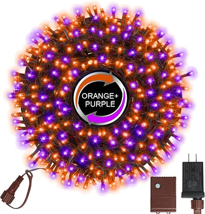 Purple Orange Halloween String Lights Outdoor, 46FT 500LED Twinkle Fairy Lights, 16 Modes Plug in Waterproof Cluster Lights for Bedroom Indoor Outdoor Halloween Decorations
