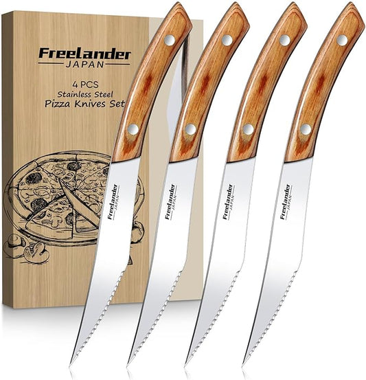 Freelander 4-Piece Pizza Knife Cutter Set, Sharp Serrated Stainless Steel Blades, Full Tang Forged Design, Ergonomic Non-Slip Handle,Durable, Rust-Resistant & Dishwasher Safe,Christmas