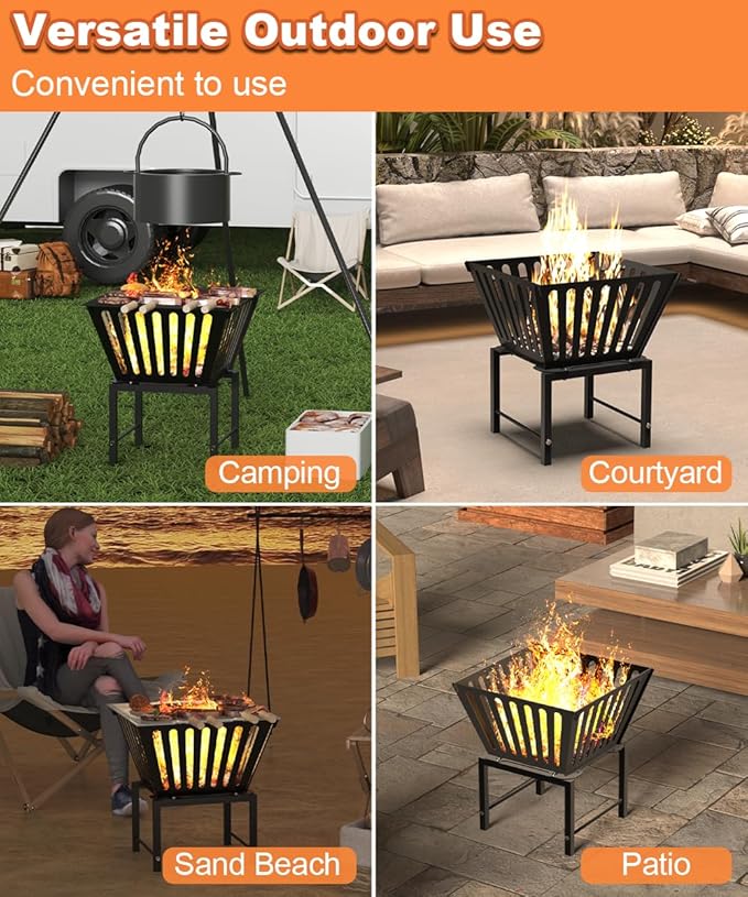 Mondazie Outdoor Fire Pit — 17 Inch Portable with Storage Bag for Camping, Patio Heating, Picnic and BBQ, Trapezoid Vertical Hollow, Black