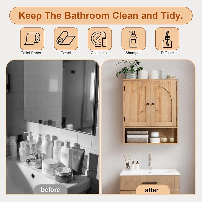 Medicine Cabinet, Over The Toilet Storage Cabinet, Bathroom Wall Storage Cabinet with Arched Doors & Adjustable Shelves, Wall Mounted Bathroom Cabinet for Kitchen, Laundry Room, Living Room,Natural