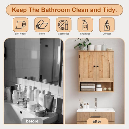 Medicine Cabinet, Over The Toilet Storage Cabinet, Bathroom Wall Storage Cabinet with Arched Doors & Adjustable Shelves, Wall Mounted Bathroom Cabinet for Kitchen, Laundry Room, Living Room,Natural