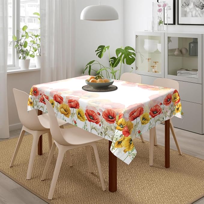 Decorative Rectangle Table Cloths Watercolor Poppy Spring Seasonal Summer Flower Tablecloth Table Cover for Dining/BBQ/Picnic/Coffee Table 52 X 70 Inches