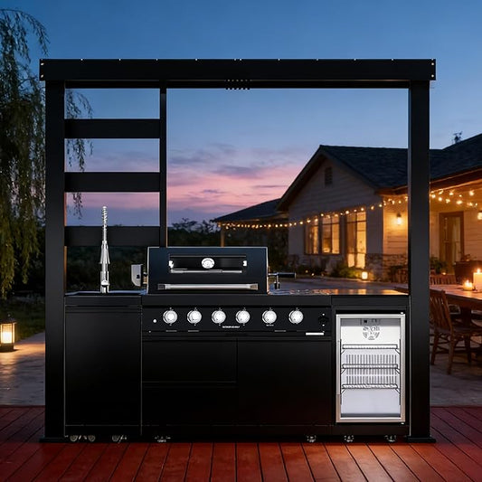97" Outdoor Kitchen Island Grill with Gazebo, 4-Burner 72000 BTU Stainless Steel Propane BBQ, Rotisserie, Refrigerator, Sink, Granite Countertops, Storage Cabinets for Backyard Patio, Black