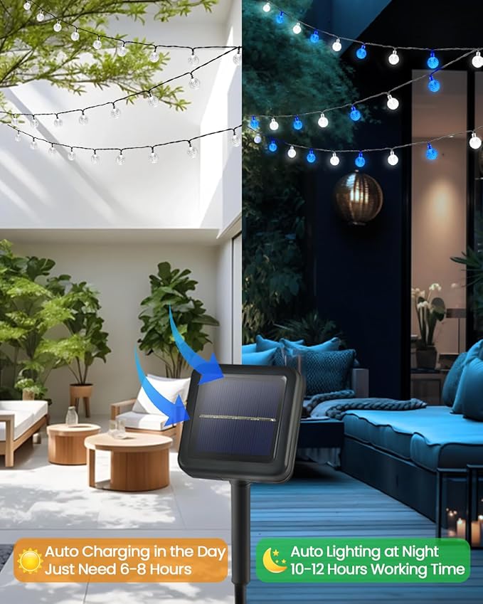 2-Pack 64FT 100 LED Blue and White Crystal Globe Solar String Lights Outdoor, Waterproof Solar Powered Lights for Outside, 8 Lighting Modes Patio Decorations for Garden Yard Wedding Porch Party Tree