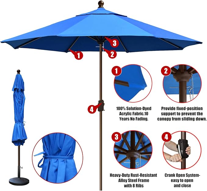 EliteShade USA 10-Year-Non-Fading 10Ft Market Patio Umbrella, UPF 50+ UV Protection Performance Sun Umbrella, Heavy Duty Commercial Grade Outdoor Table Umbrella with Crank, Windproof Vented Top for Garden, Pool, Deck and Outdoor Playsets, No Tilt, Roya...