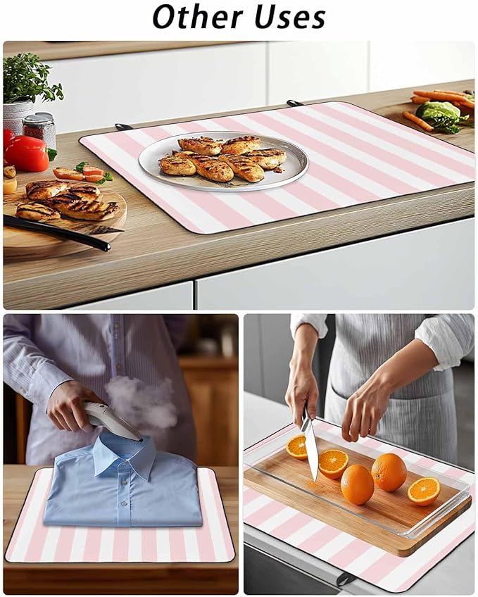 Stove Top Covers for Electric Stove 28.5x20.5 Inches,Pink Stripes HeatResistant Glass Cooktop Protector,Modern Farmhouse Pink White Vertical Striped Ceramic Stovetop Countertop Covers Mat,Oven Cover