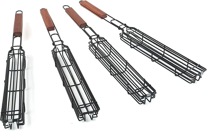 Outset Non-Stick Kabob Grill Basket, Set of 4 19.5" x 2" x 1.5" BBQ Baskets | Easily Make Kabob Skewers On The Grill | Set of 4 Durable Carbon Steel Grill Baskets With Wood Handles | Barbeque Essentials