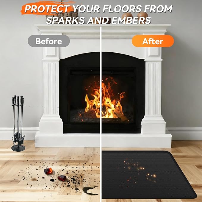 Fireplace Mat - Double-Sided Fireproof Waterpoof Wood Stove Hearth Pads (25x39 Black One)