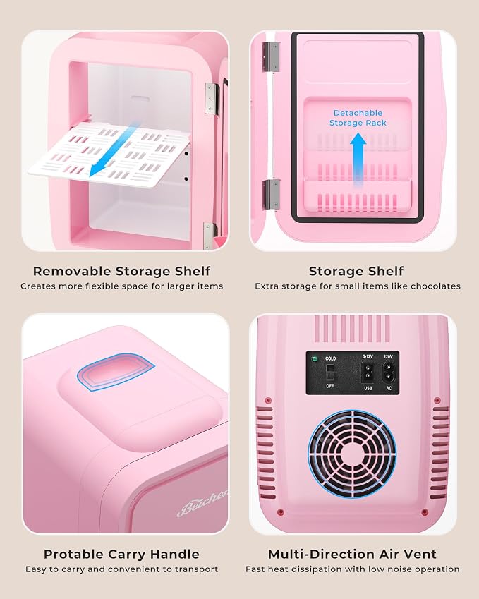 BEICHEN Mini Fridge 4 Liter/6 Can Portable Compact Refrigerator | for Bedroom Office Dorm Car, Fast Cooling, Low Noise, 100-125V AC/5-12V USB, for Skincare, Food, Drinks(Pink)