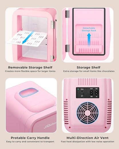 BEICHEN Mini Fridge 4 Liter/6 Can Portable Compact Refrigerator | for Bedroom Office Dorm Car, Fast Cooling, Low Noise, 100-125V AC/5-12V USB, for Skincare, Food, Drinks(Pink)